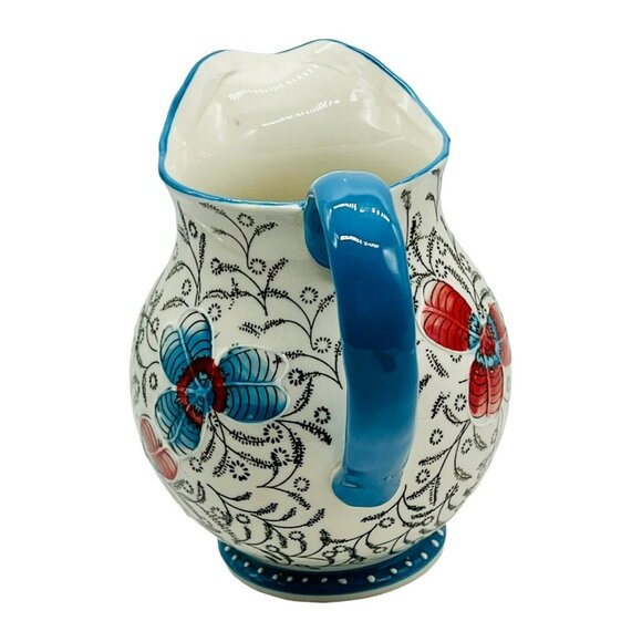 Dutch Wax Floral Pitcher Blue Red Flowers Handpainted Ceramic Coastline Imports - Picture 4 of 10